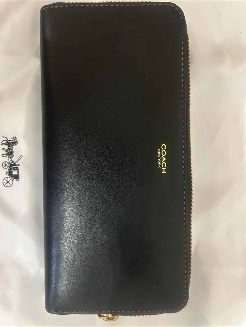 COACH Black Leather Zip Around Wallet with Gold Logo
